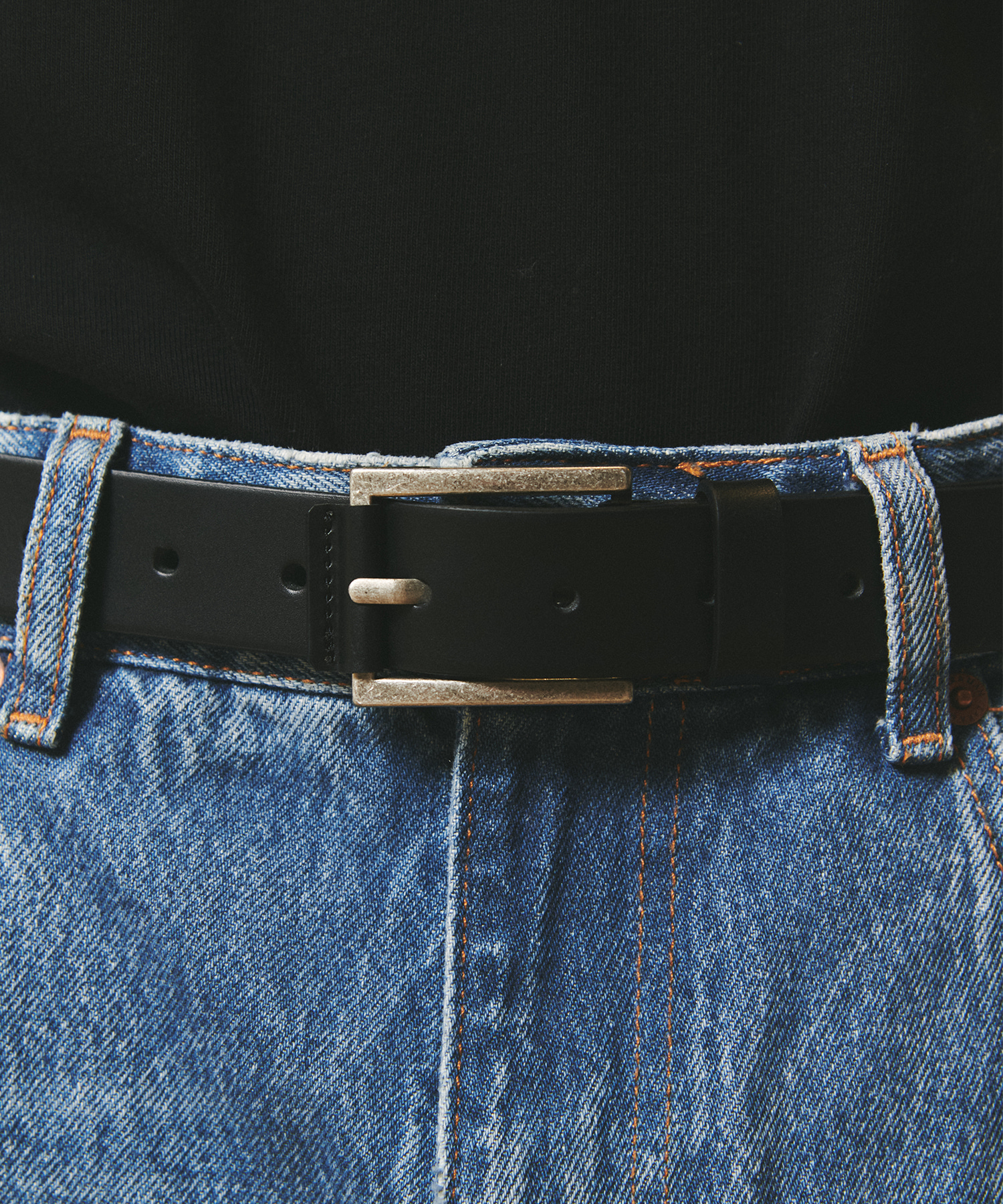 [천연소가죽]Leather Tag Square Hard Leather Belt BLACK