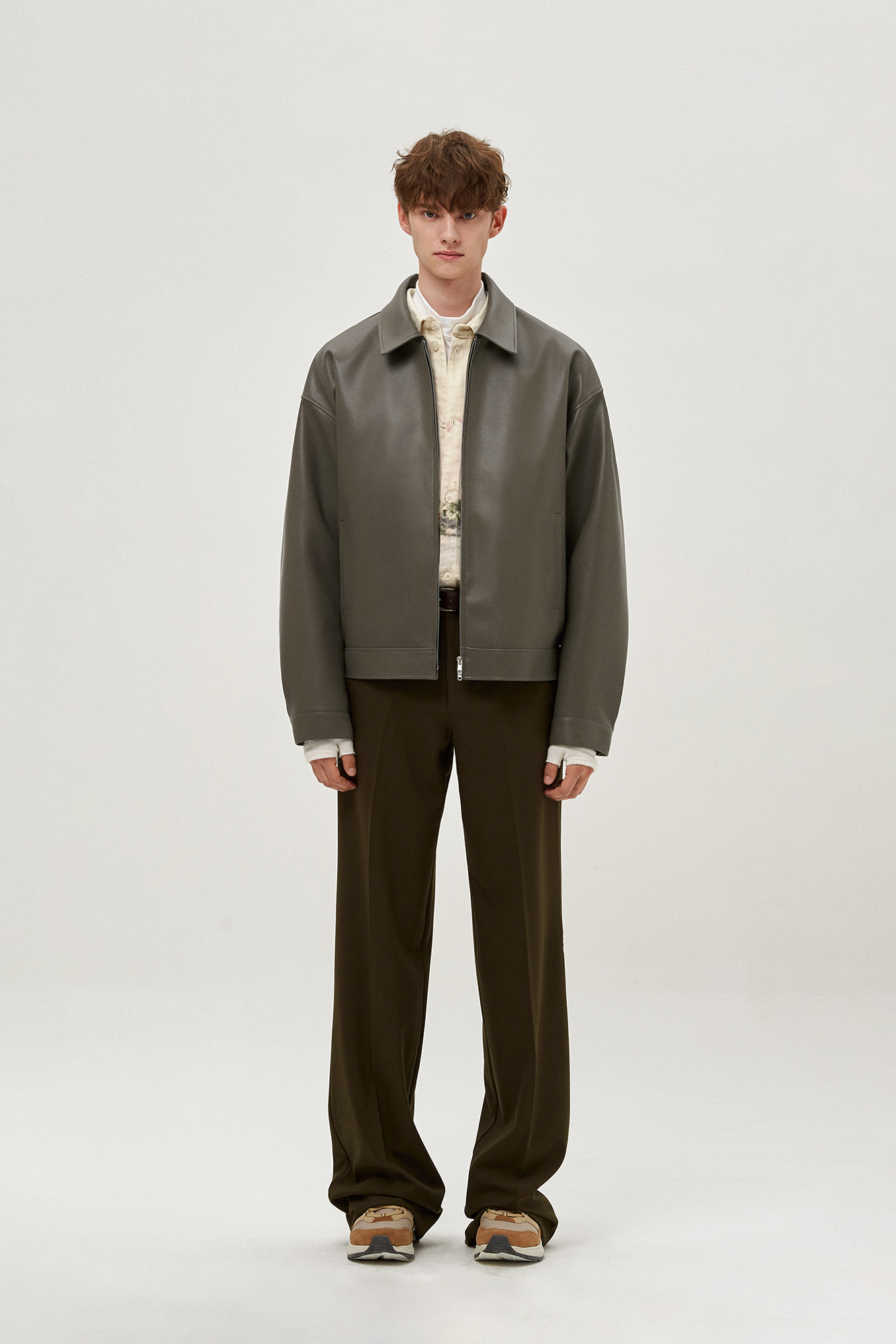 Overfit vegan leather single jacket (khaki grey)