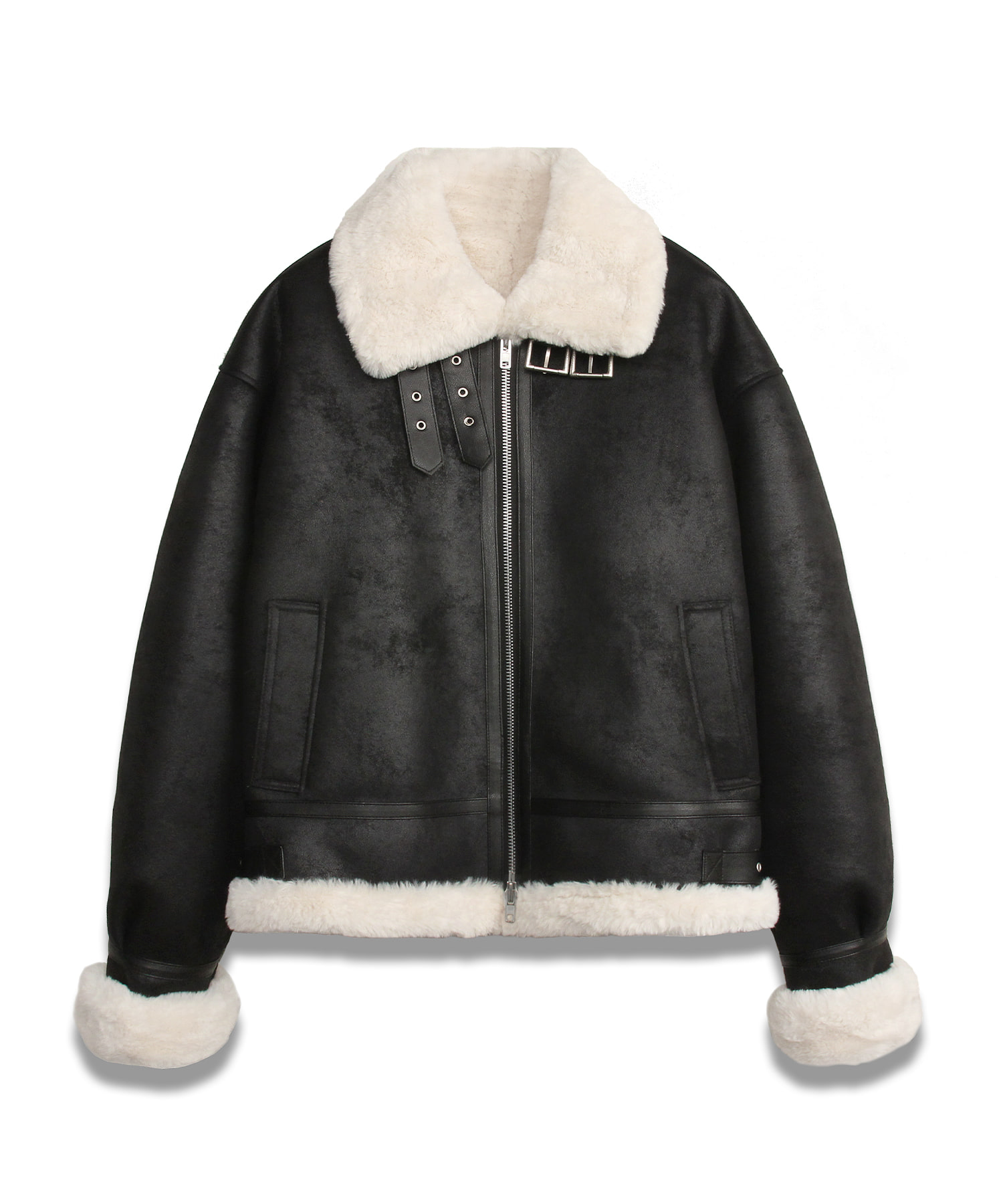 [12/20예약발송]Highneck leather mouton jacket BLACK