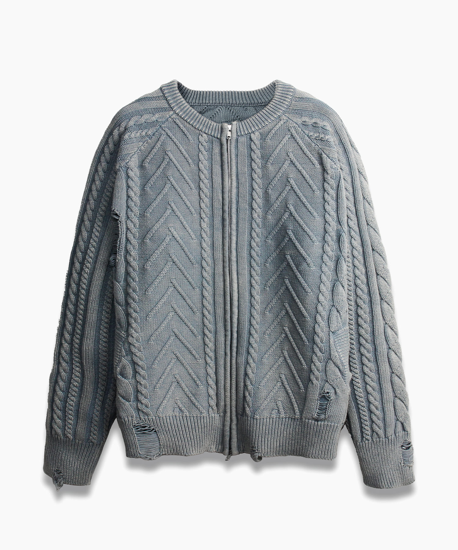 Vintage Washed Cable Knit Zip-Up BLUE