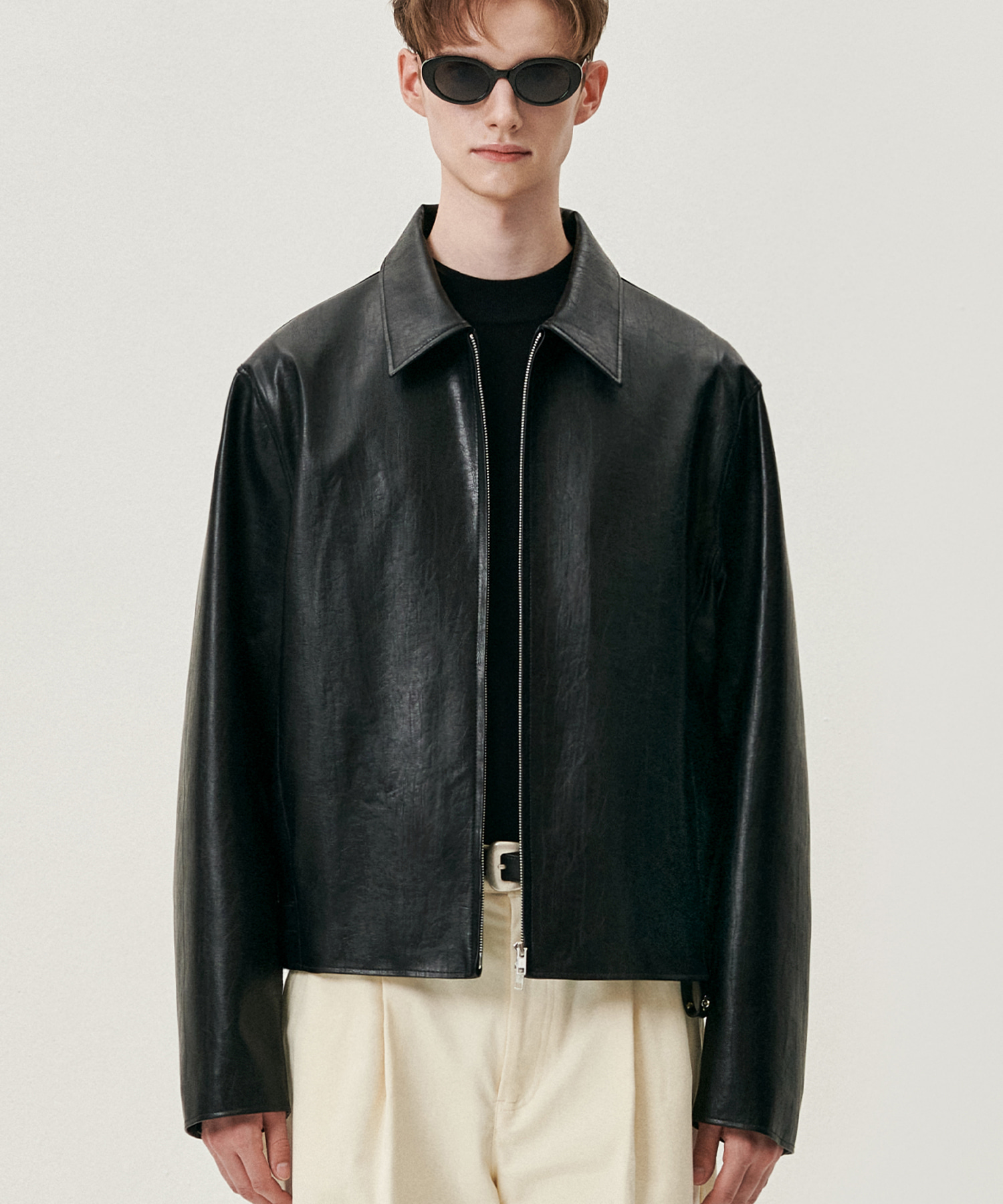 Overfit vegan leather crop single jacket BLACK - Doffjason