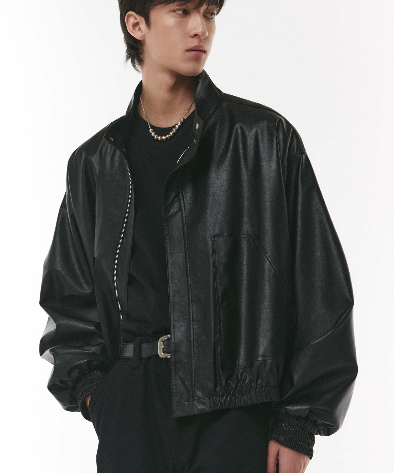 Vegan Leather Pleat Field Jacket BLACK