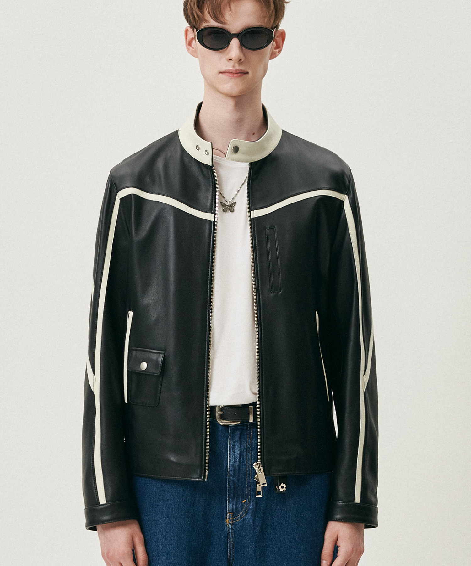 Overfit mixed leather racing jacket - Doffjason