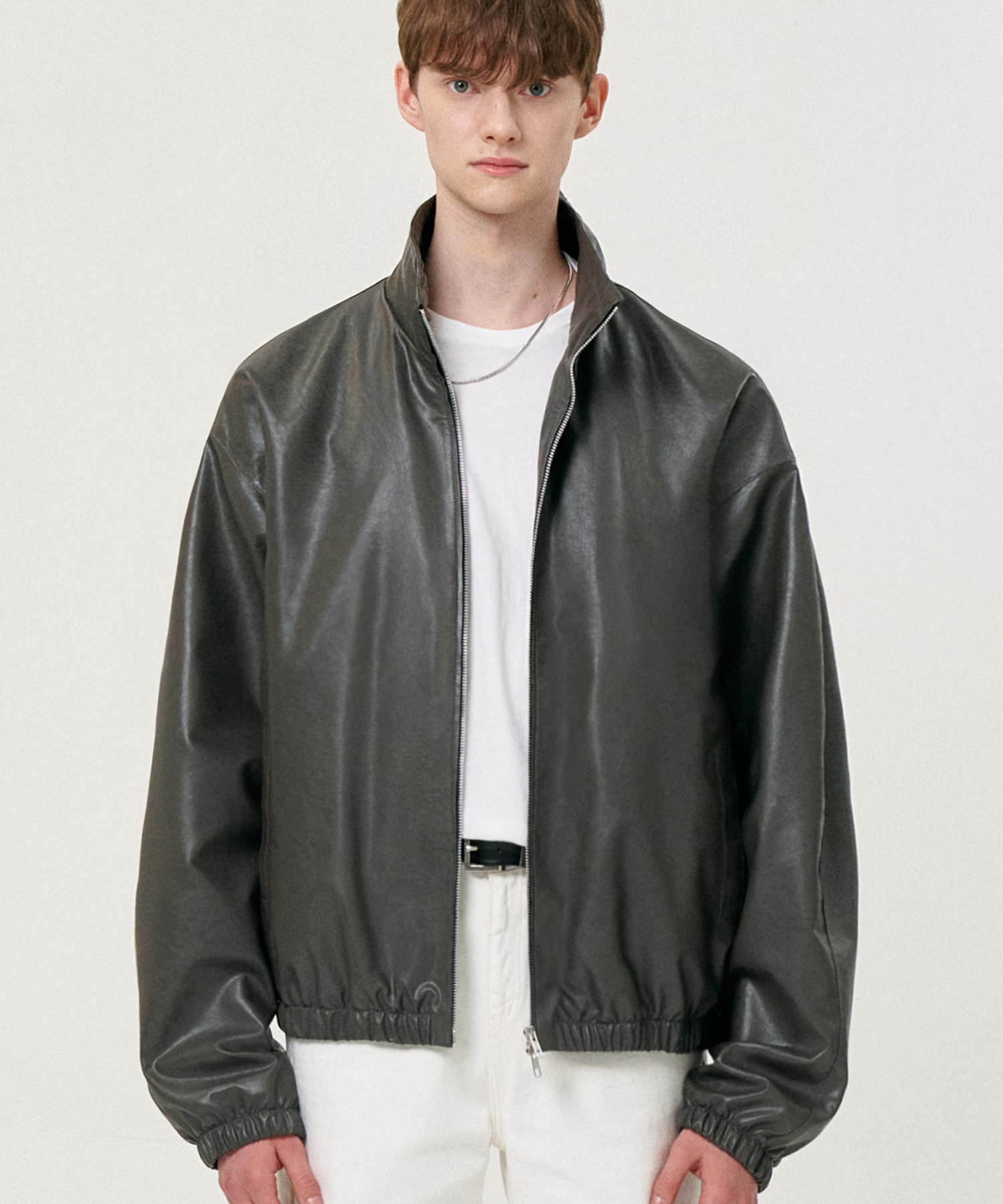 Overfit vegan leather windbreaker jacket (light gray)