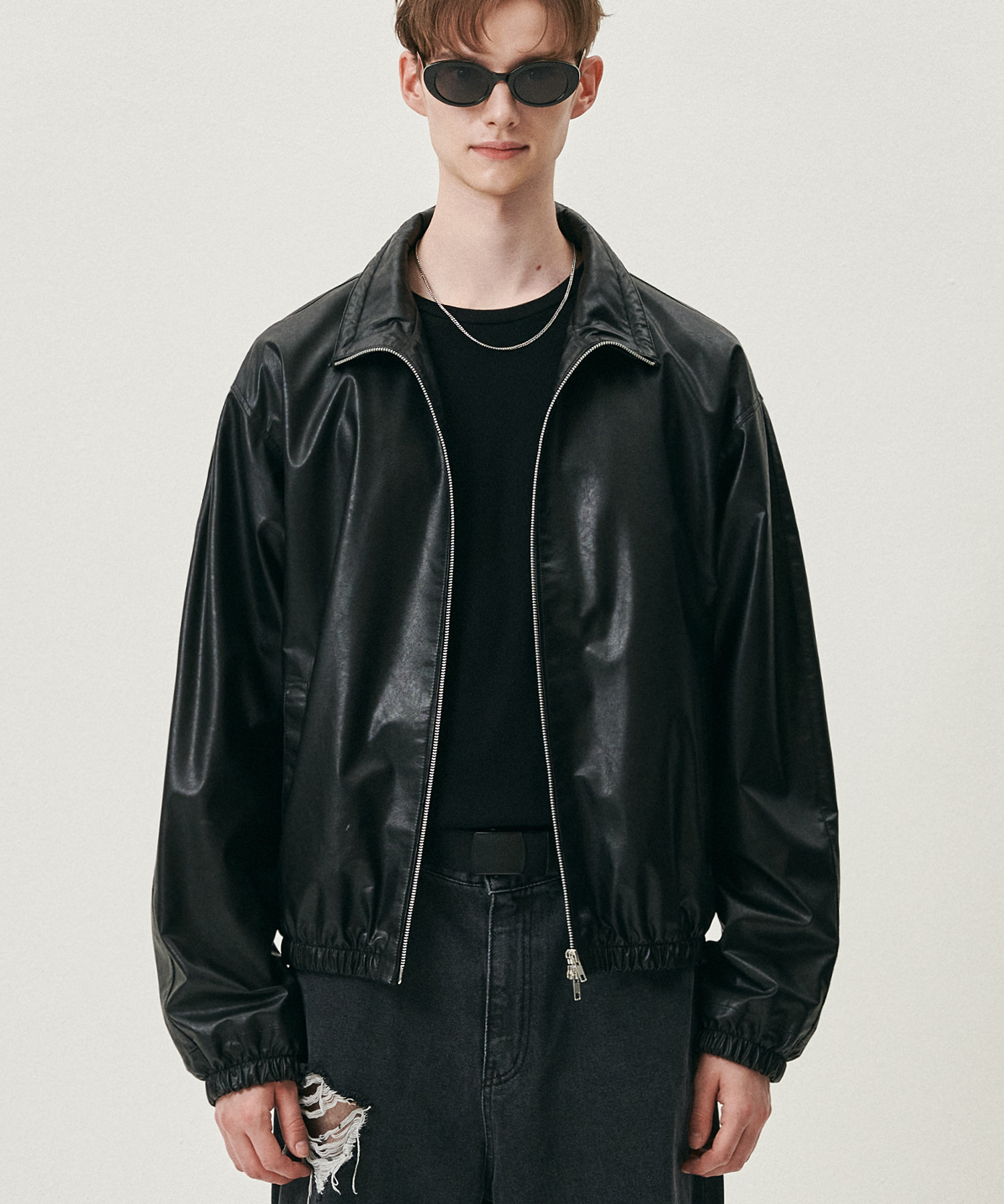 Overfit vegan leather windbreaker jacket (black)