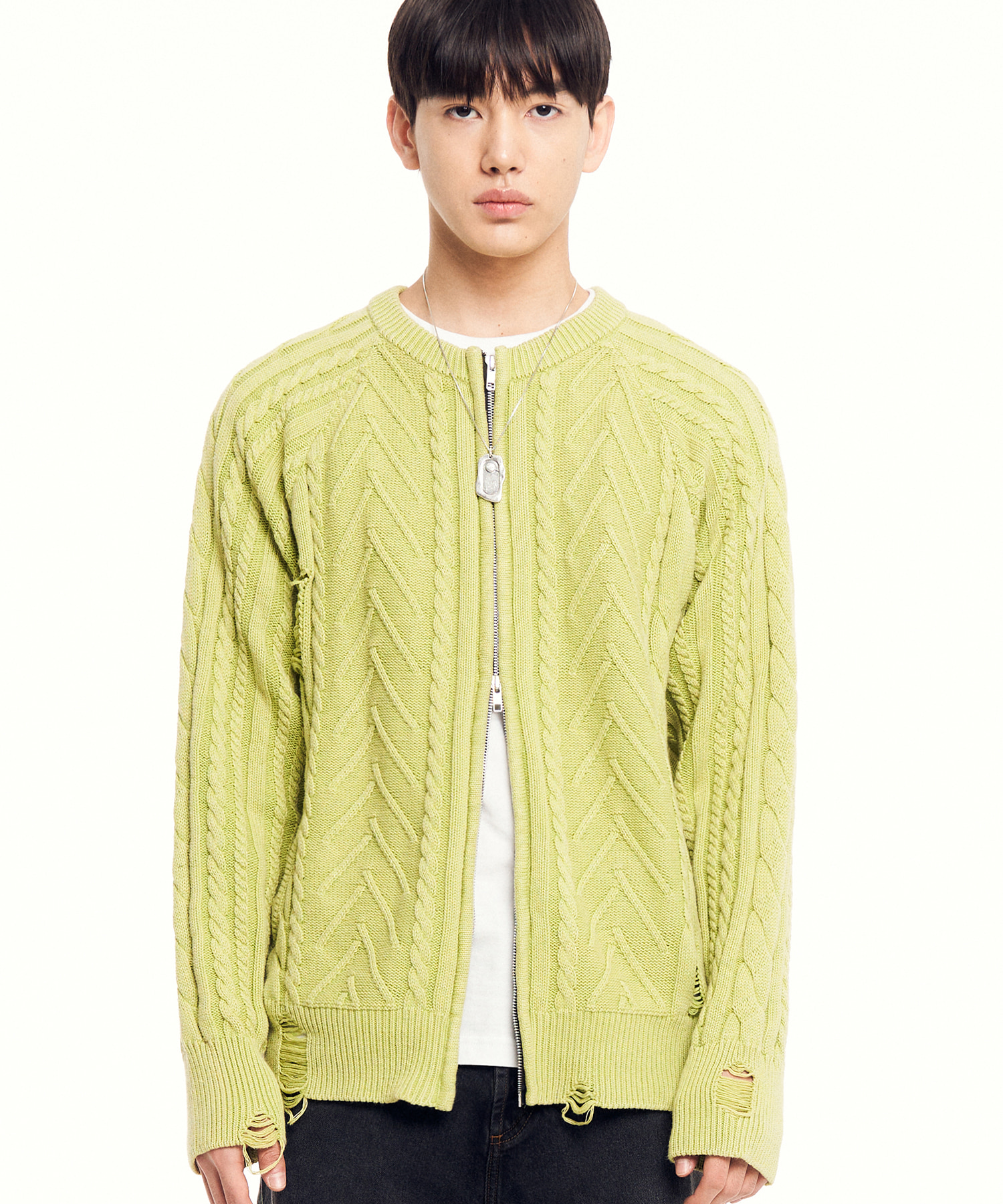 Vintage Washed Cable Knit Zip-Up LIME